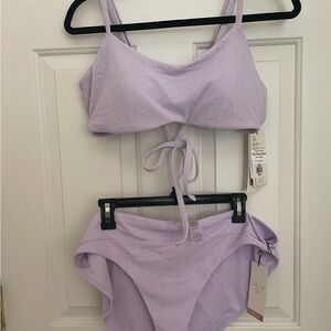 NWT Calia Tie back bikini top (L) & wide banded high leg bottom (XL). Lilac.